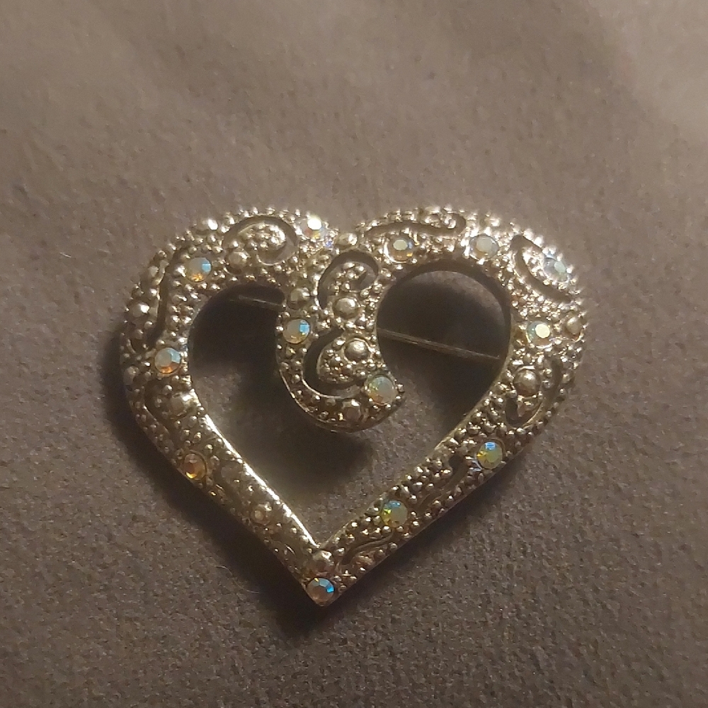 Vintage AAI Stamped Silver Toned AB Rhinestone Heart Brooch Pin